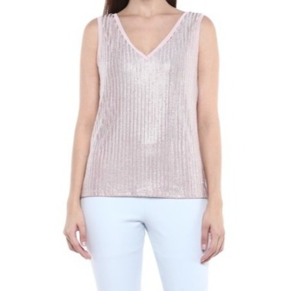 Ted Baker London Sleeveless Top Size 0 Robinee Ribbed Metallic Womens Pink V-Nec
